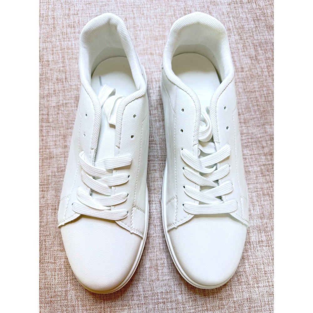 Mens White Minimalist Low Top Sneakers Faux Leather Lace Up Shoes Size 11-11.5